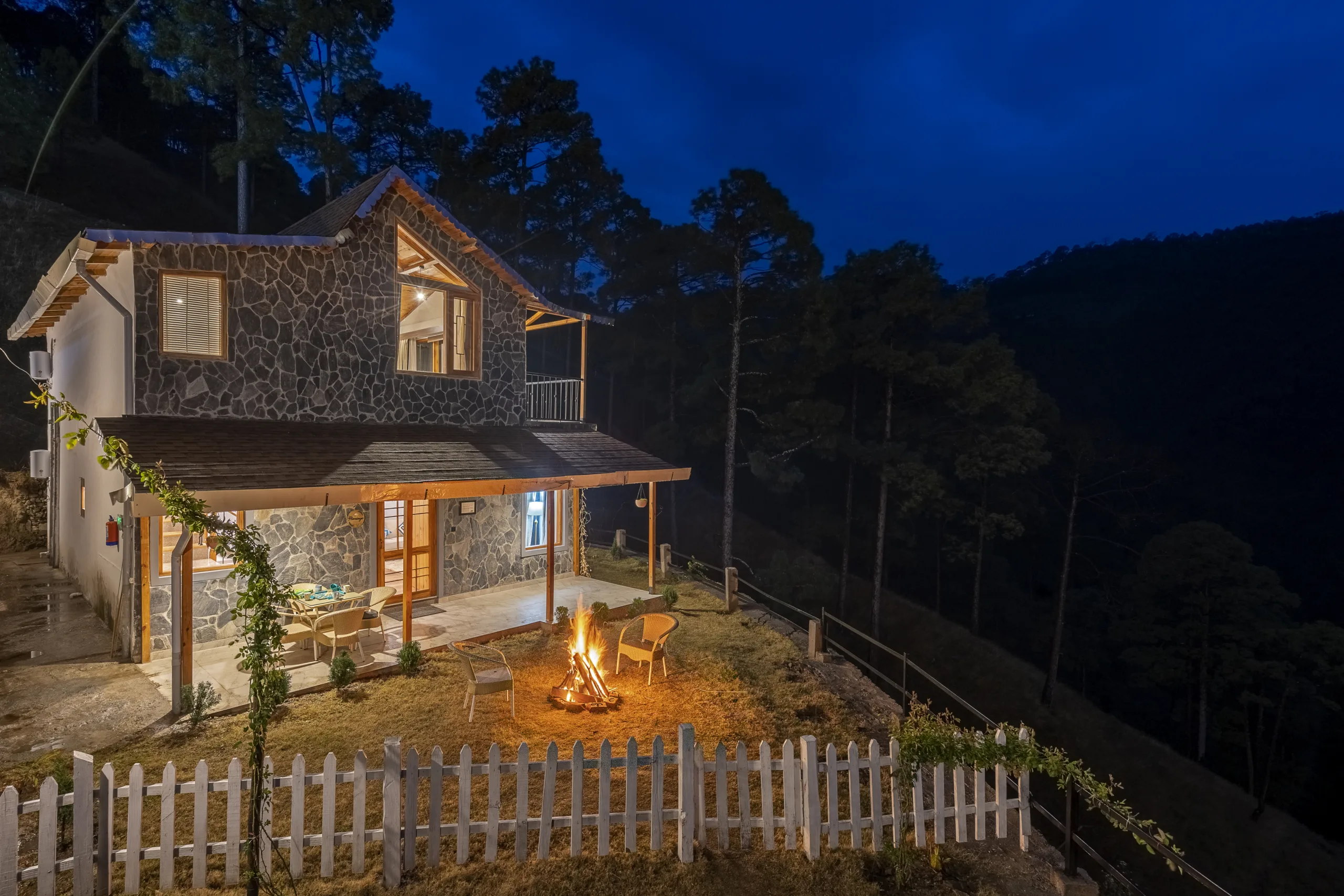 Aerial view of luxury property in alpine forest